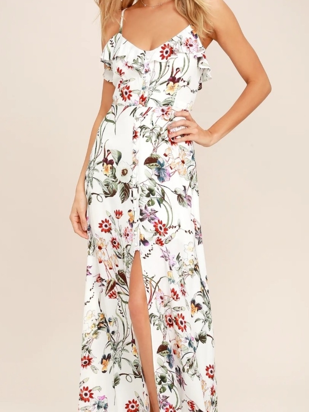 Lulu's White Floral Ruffle Spaghetti Strap Maxi Dress